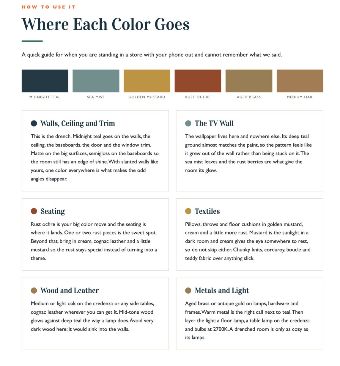 Sample page from a Color + Concept Plan: Where Each Color Goes